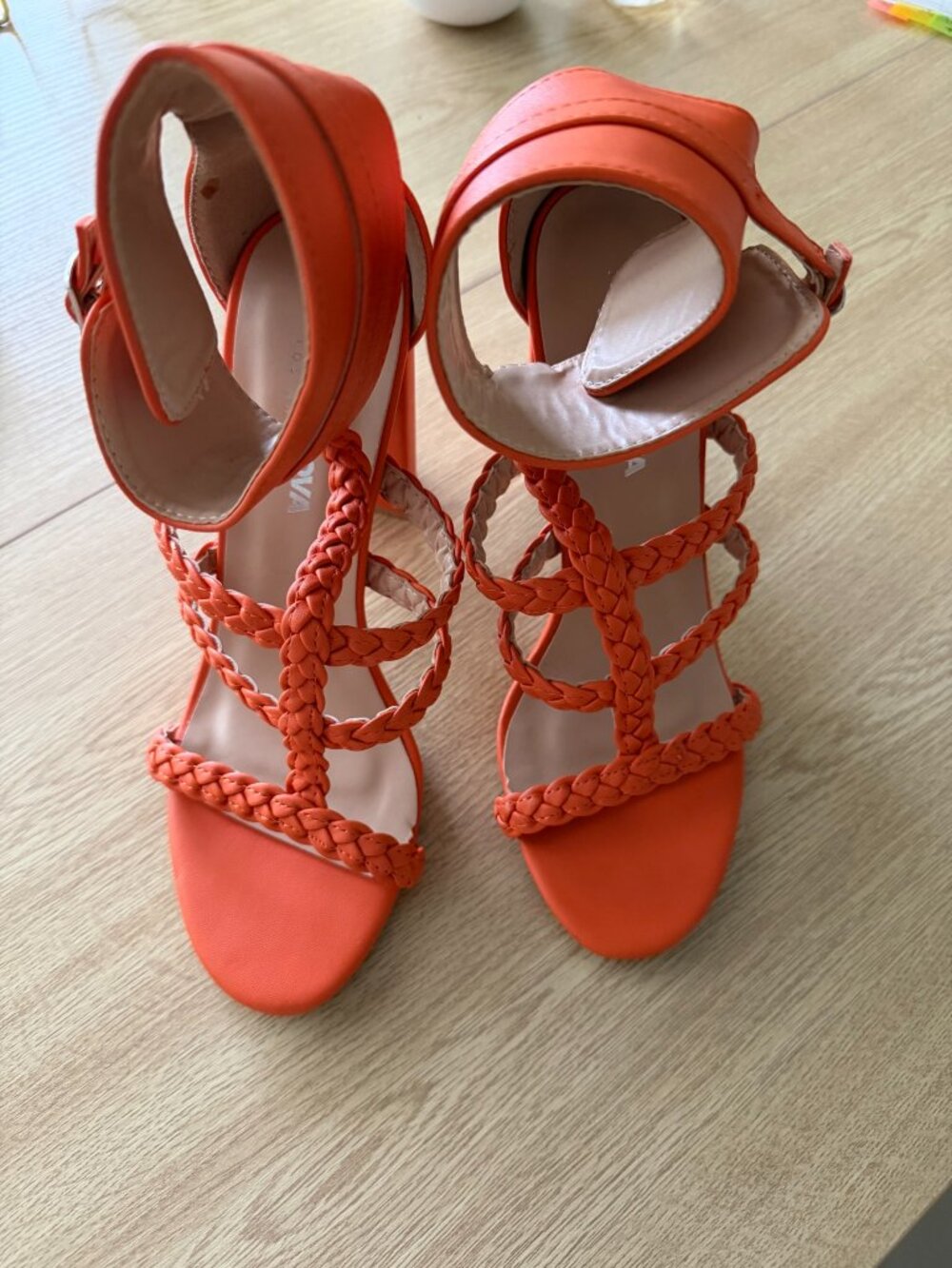 Fashion Nova Velsen Orange Braided Ankle-Strap Block Heels US 7
